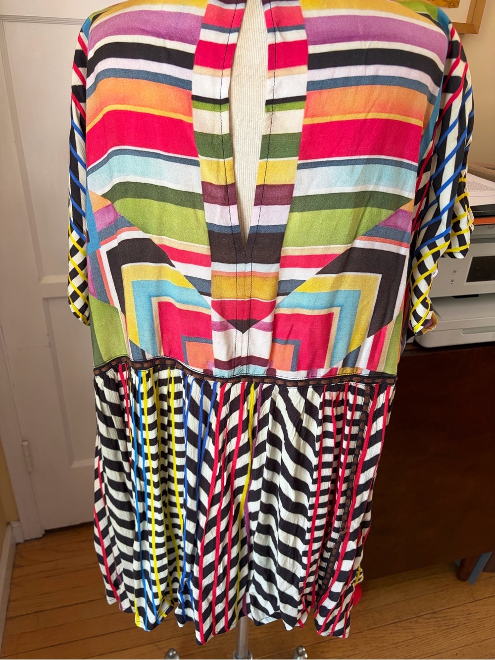 Anthropologie Colorful Geometric & Striped Short Sleeve Mini Dress - Picture 2 of 7